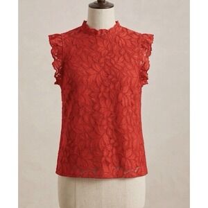 H&M Red Floral Lace Mock Neck Ruffle Top Blouse‎ Romantic Cottagecore Medium